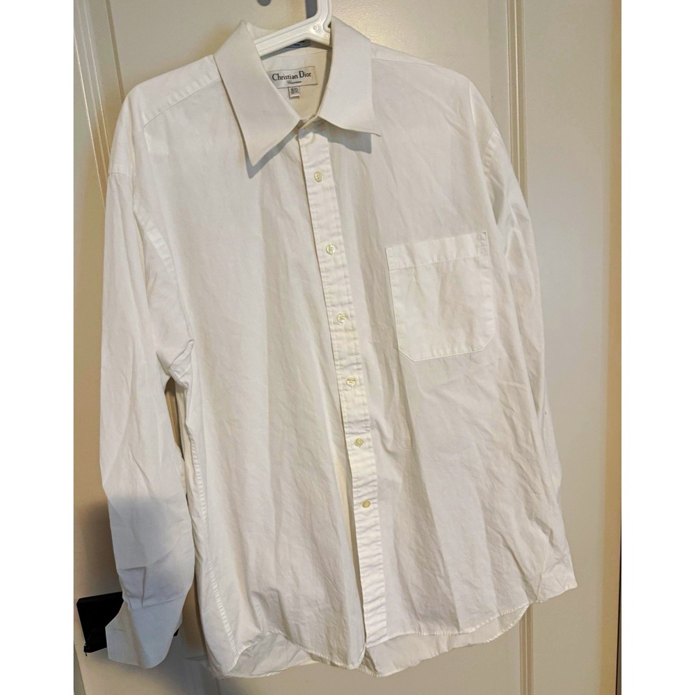Vintage Christian Dior Men's White Cotton Solid Dress Shirt 16.5 32/33